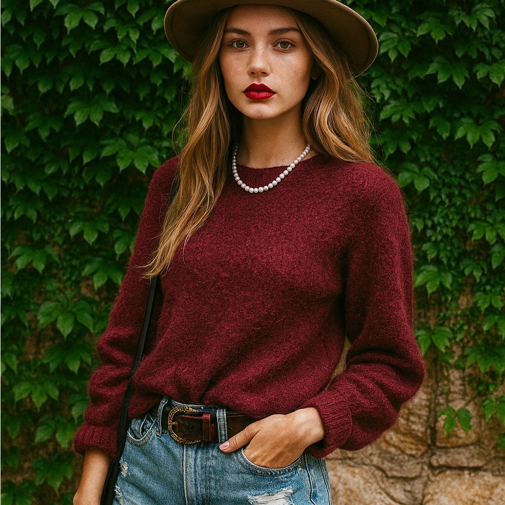 JOIE Stavan Cranberry Wool Blend Snow Metallic Boucle Sweater, XS